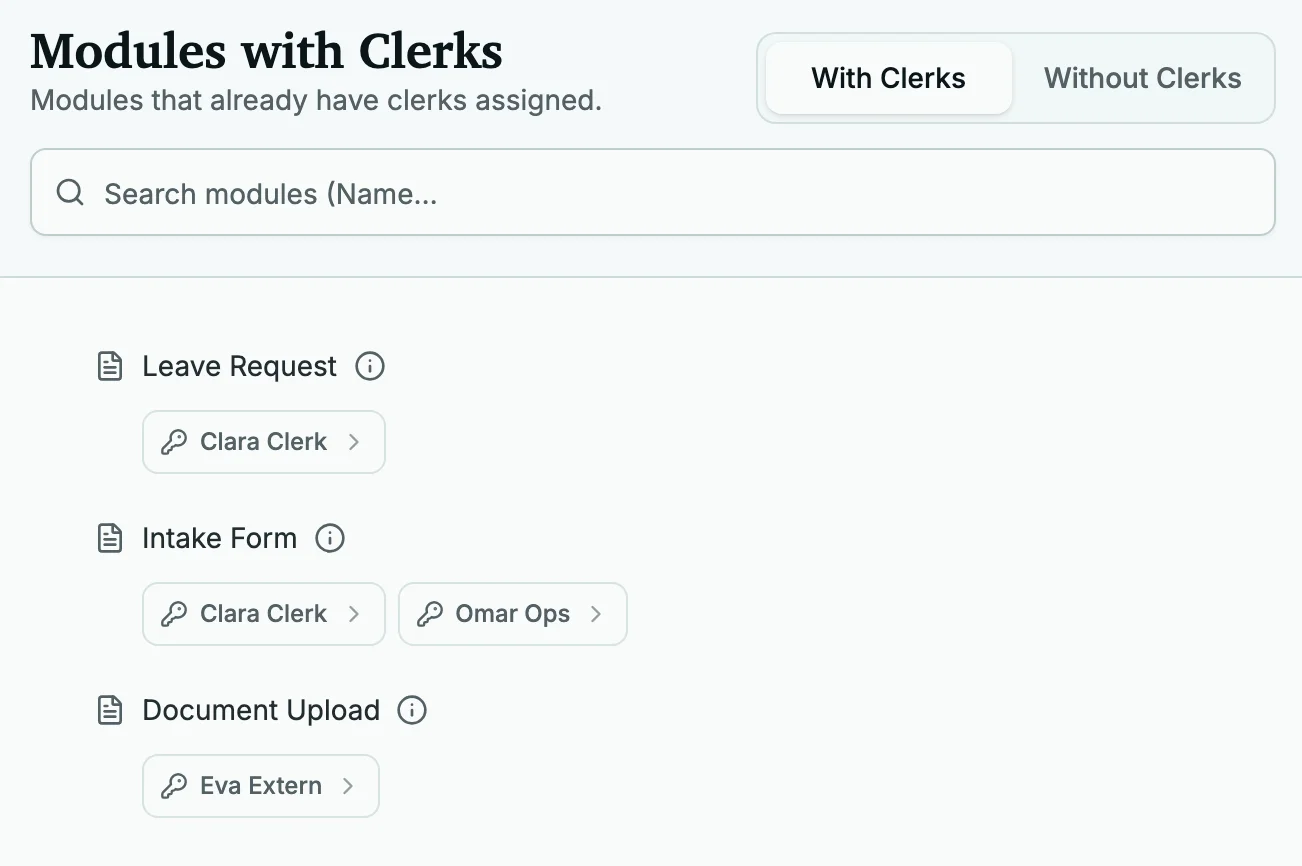 Clerk management in the admin panel: modules with their assigned clerks.